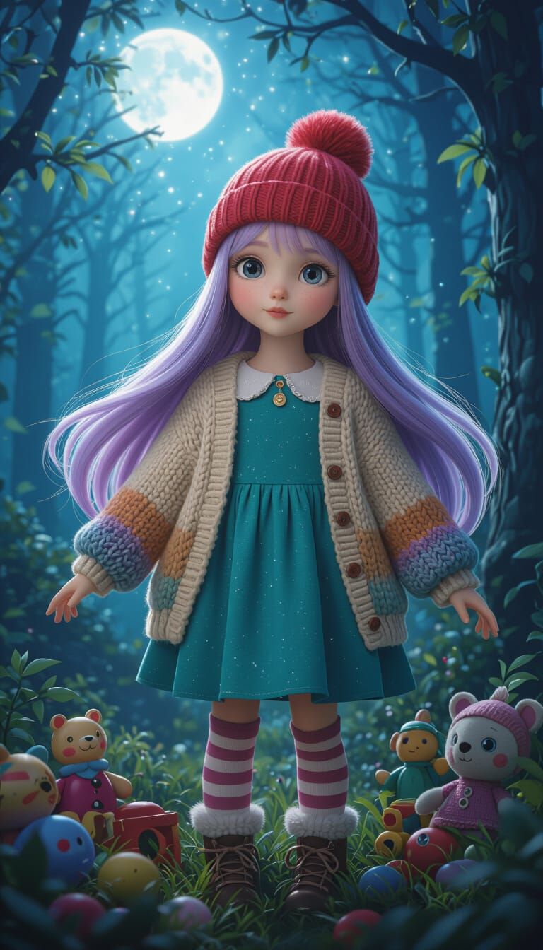 Magical Girl in Enchanted Forest with Moonlight