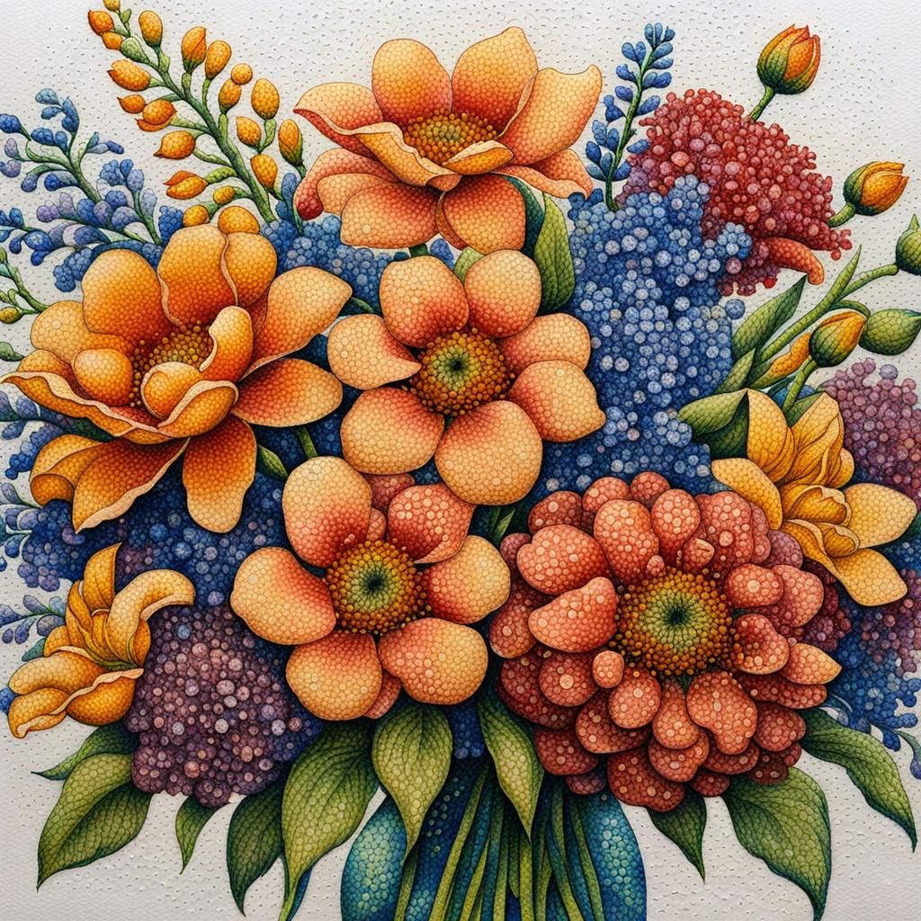 Pointillism Portrait of Beautiful Flowers