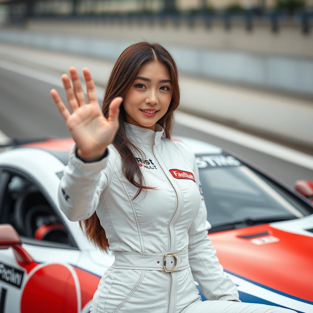 Beautiful Woman in Racing Suit on Racetrack