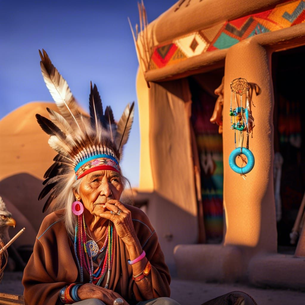 Native American Woman with Pipe in Desert Landscape