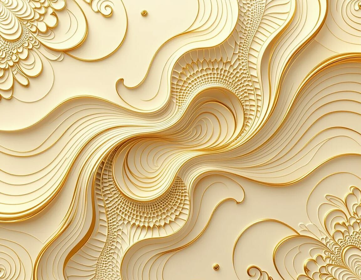 Cream and Gold Abstract Fractal Background with Gold Leaf Li...