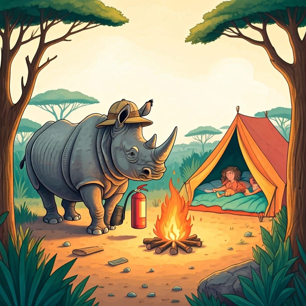 Rhino Firefighter in Whimsical Picture Book Style