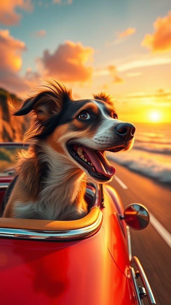 Dog's Joyful Ride: Hyperrealistic Coastal Adventure