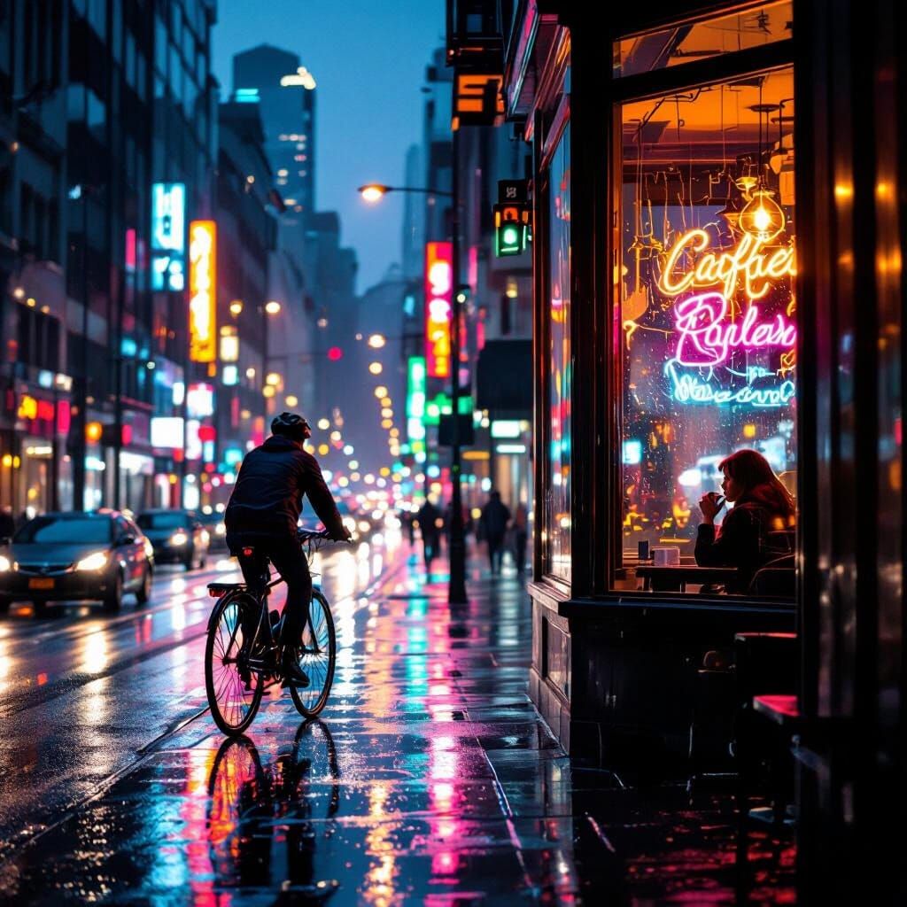 Cyclist in Neon-Lit City Rain at Dusk