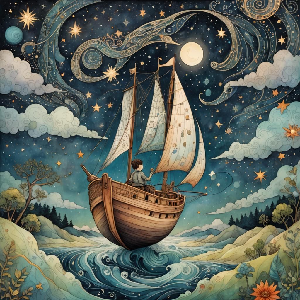 Boy Sails Starry Sky: Whimsical Ink and Watercolor