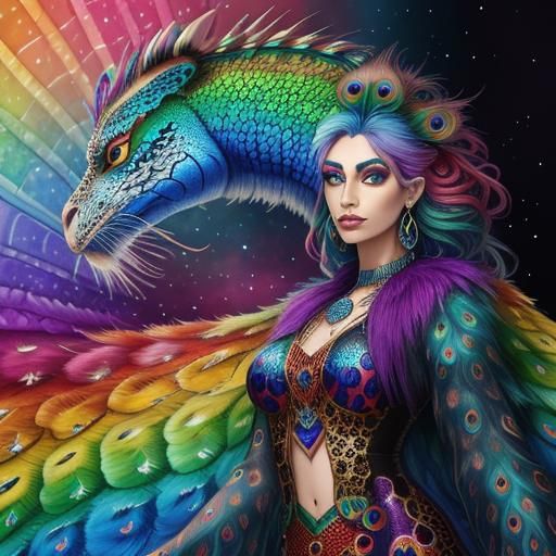 Rainbow Dragon Woman: Holographic Astral Illustration