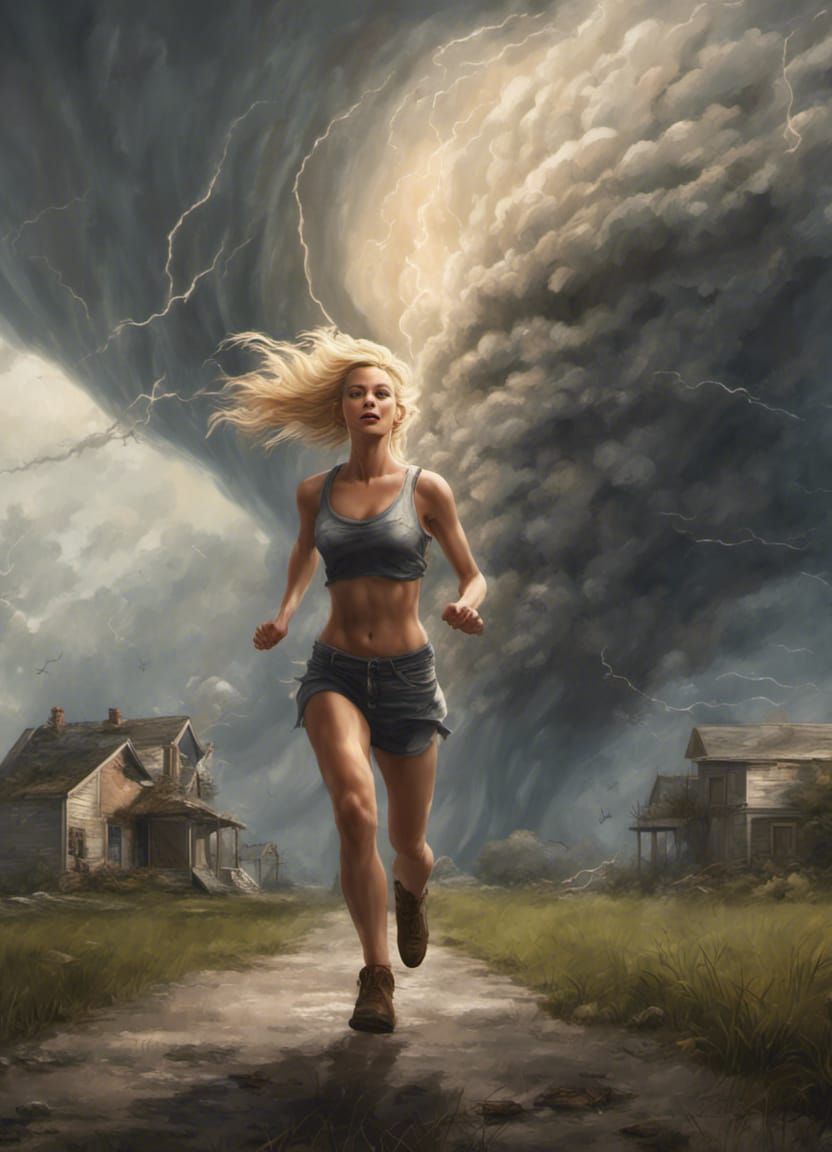 Woman Escapes Tornado: Dark Fantasy Concept Art