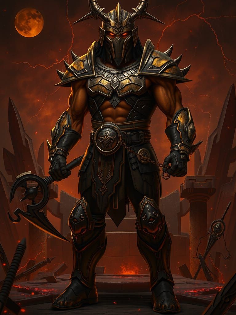 Shao Kahn on Scorched Throne in Dark Sci-Fi Style