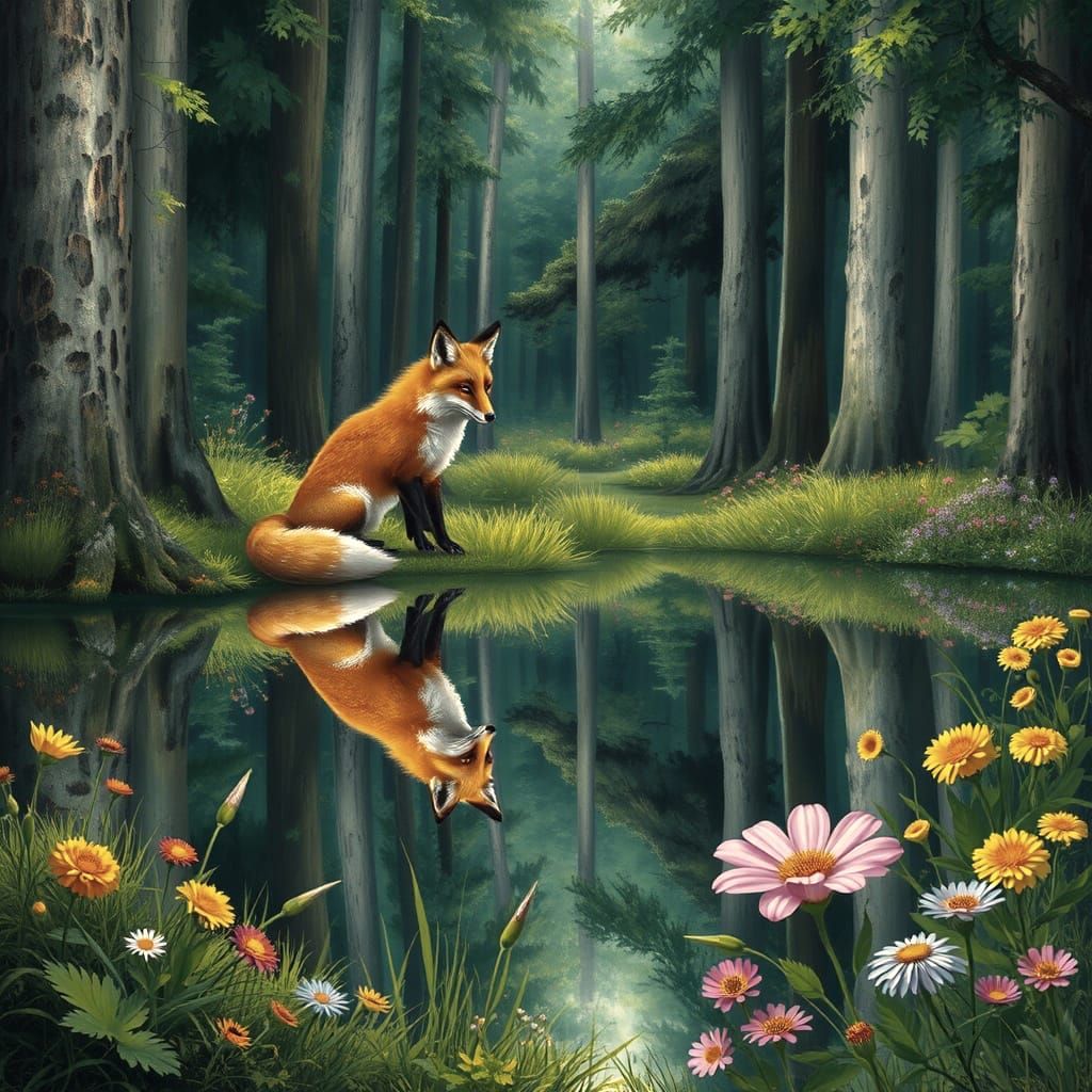 Fox Gazing at Reflection in Lake, Acrylic Art