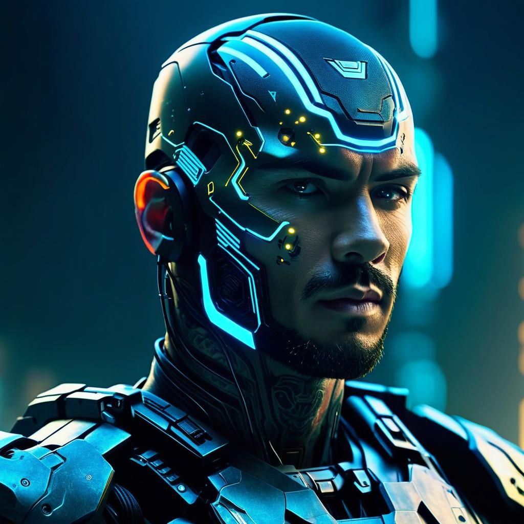 Cybernetic Soldier with Glowing Tattoos: Cinematic Still