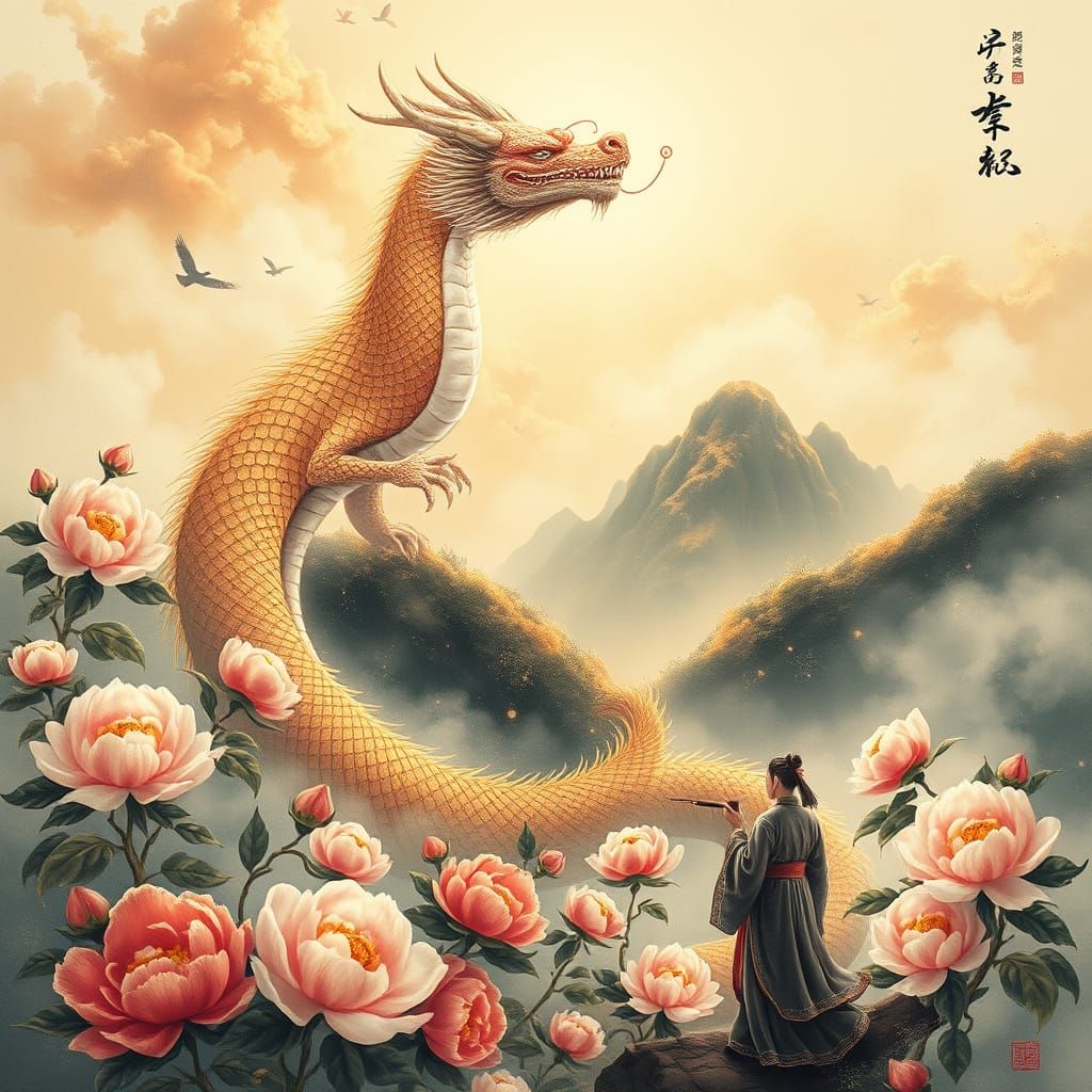 Celestial Dragon Descends Amidst Peonies in Serene Mountain ...