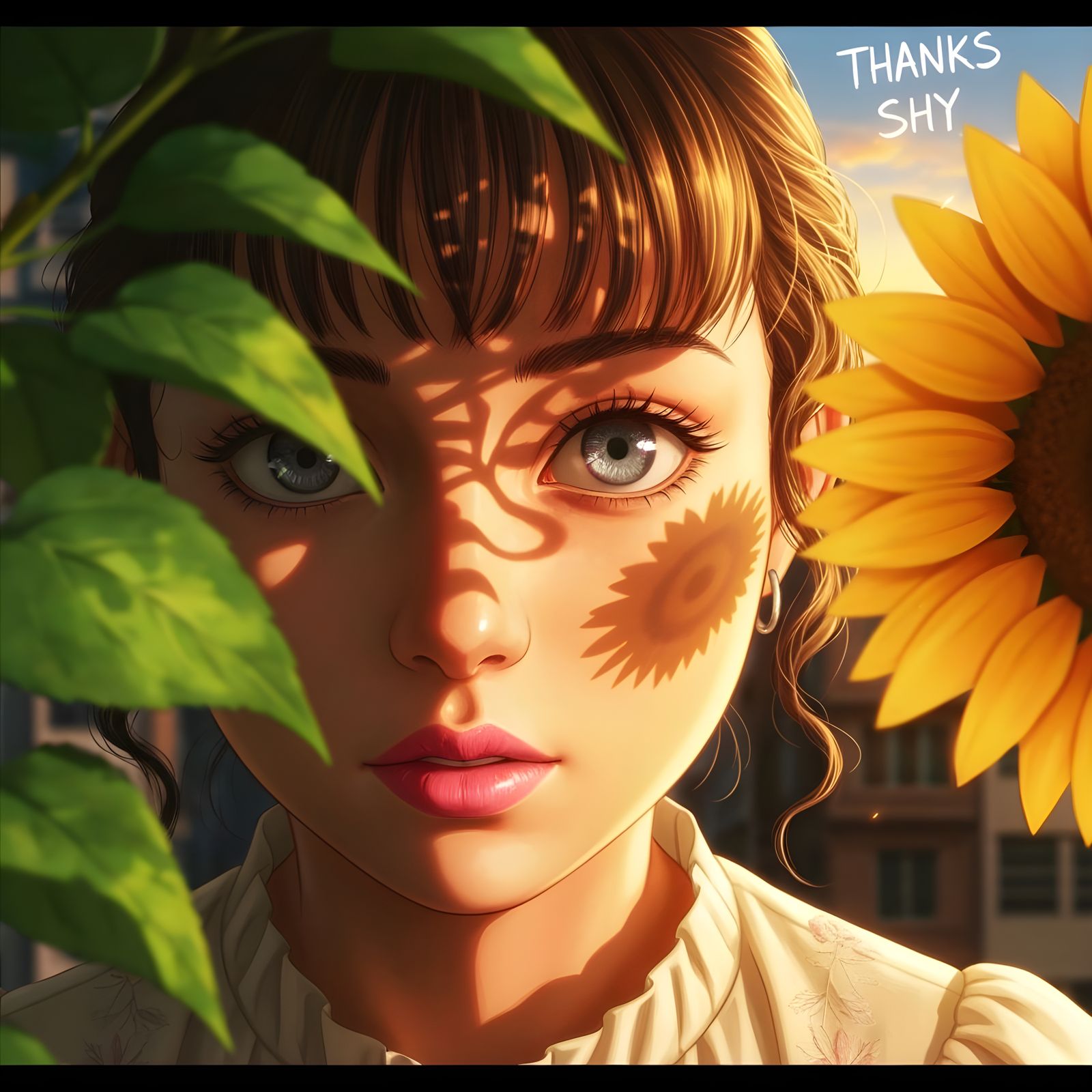 Anime Portrait: Golden Hour Cityscape with Lush Leaves