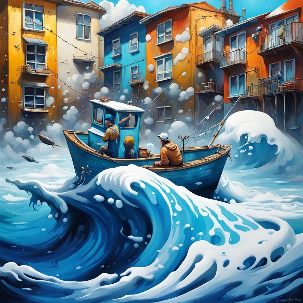 Blue Sea and White Foam Graffiti Art