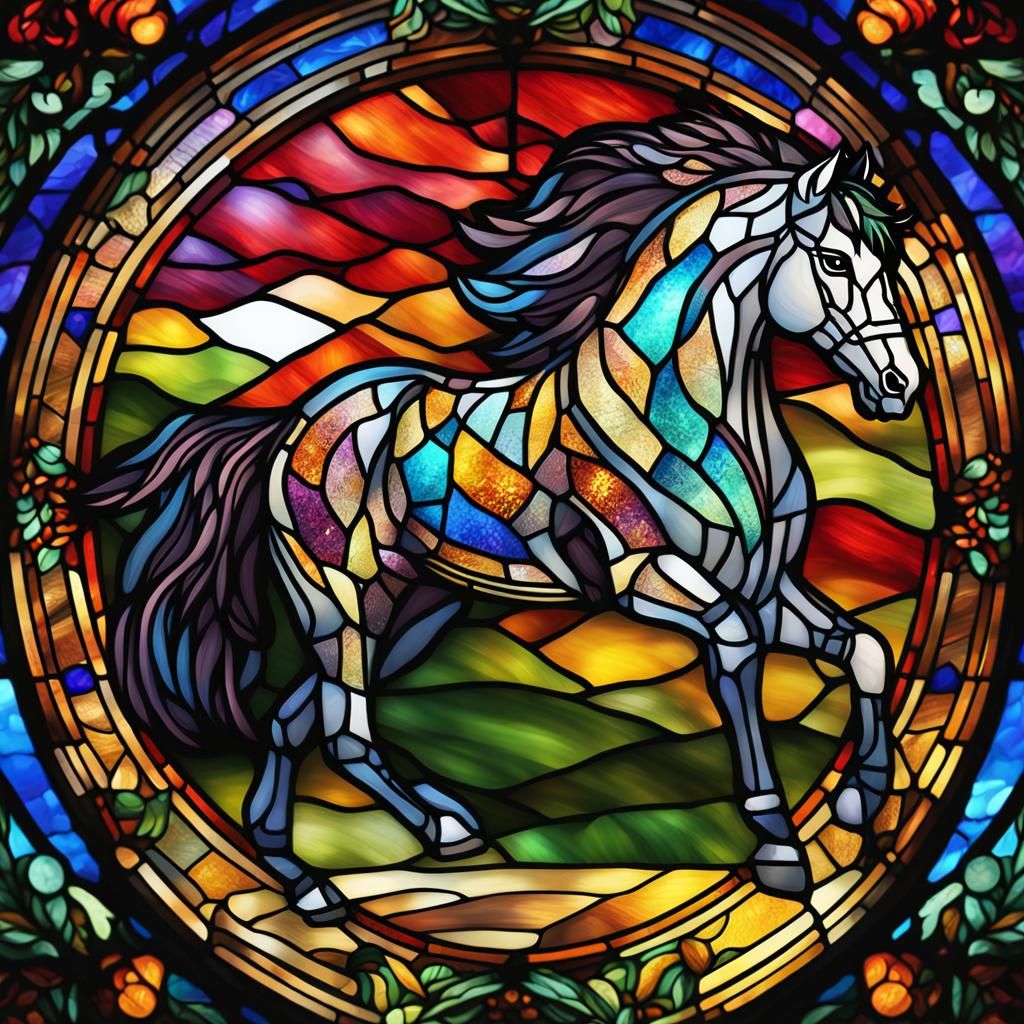 Vibrant Stained Glass Horse Illustration with Bokeh