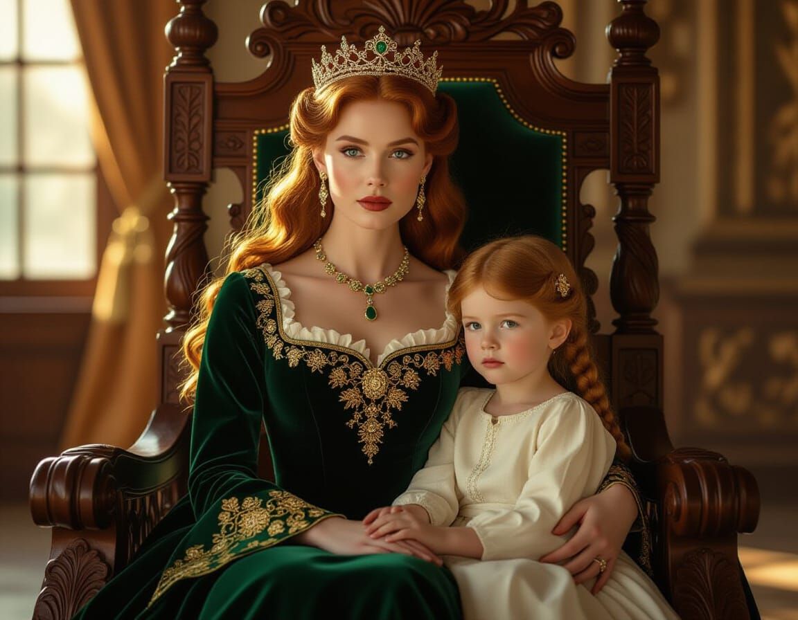 Regal Queen and Princess on Ornate Throne