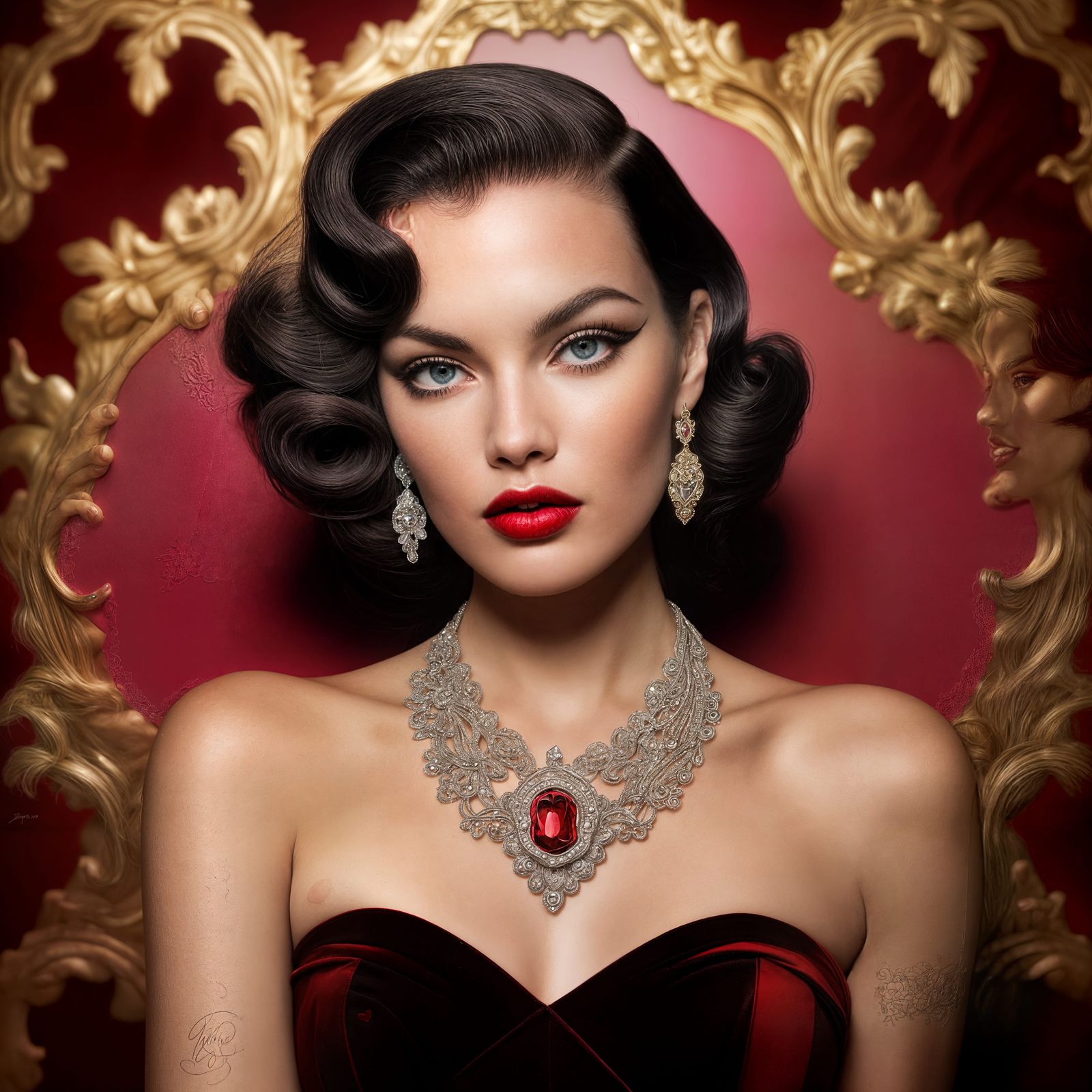 Glamorous 1950s Pin-Up Woman in Velvet Crimson Setting