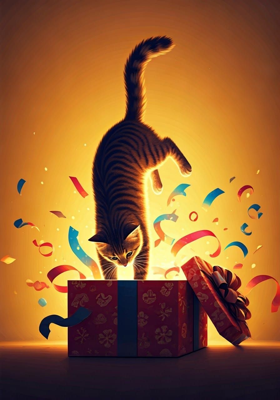A cat scrambling head first into a gift box, only the back legs and tail showing