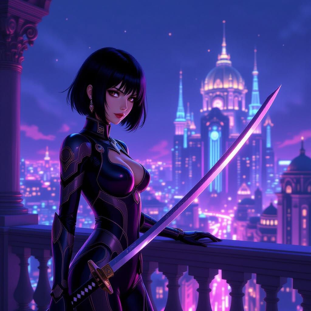 Cyberpunk Woman on Palace Balcony with Katana