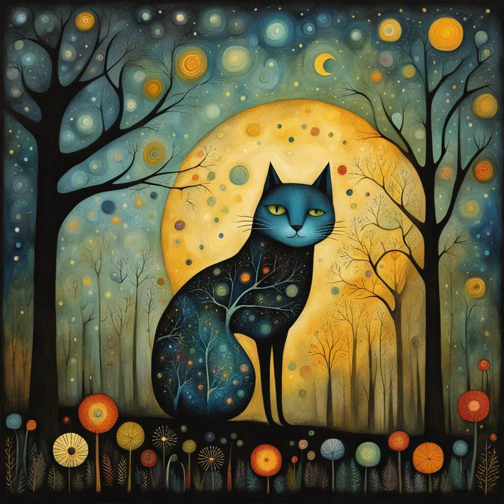 Stylized Cats and Birds in Folk Art Style