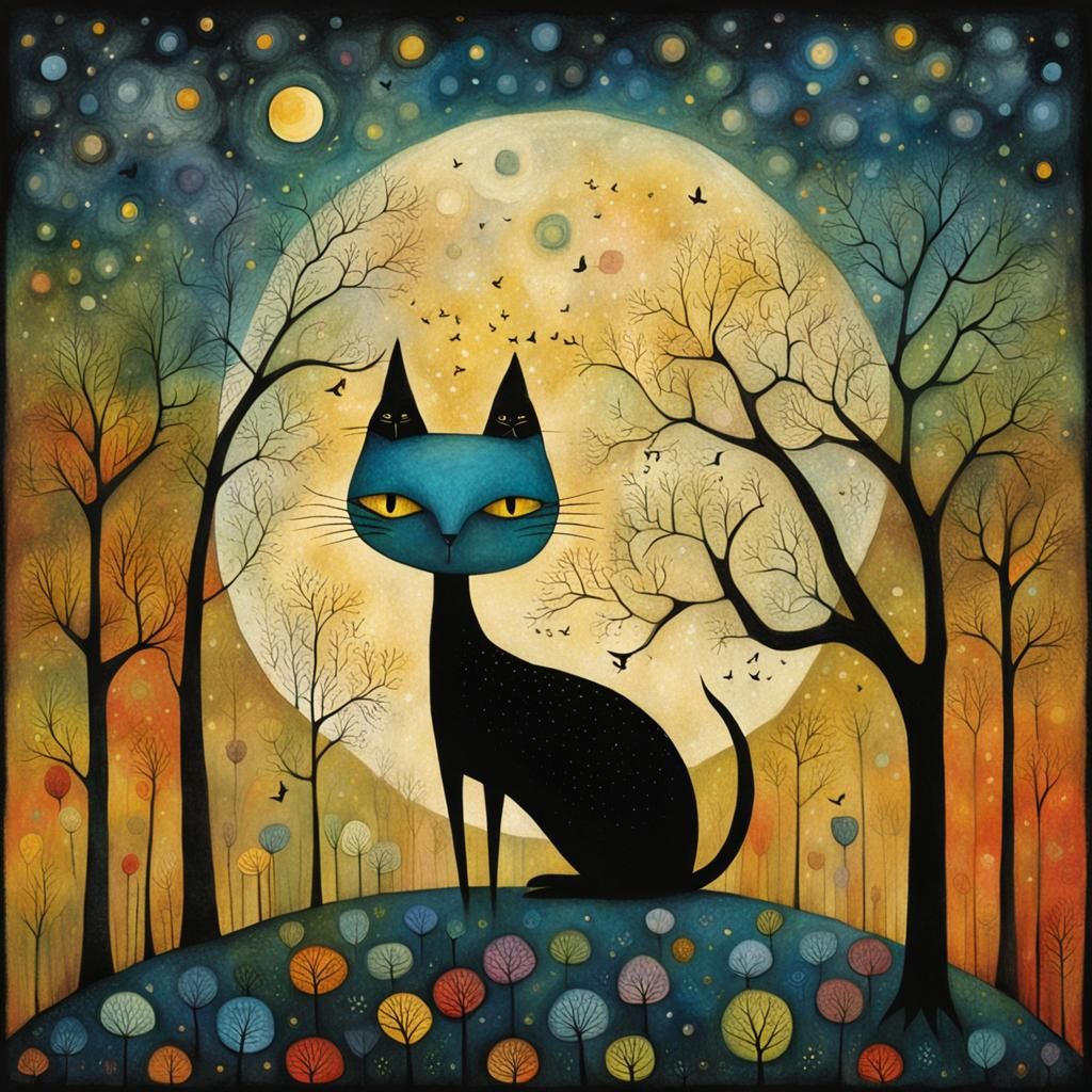 Colorful Cats in Garden, Abstract Stained Glass Style