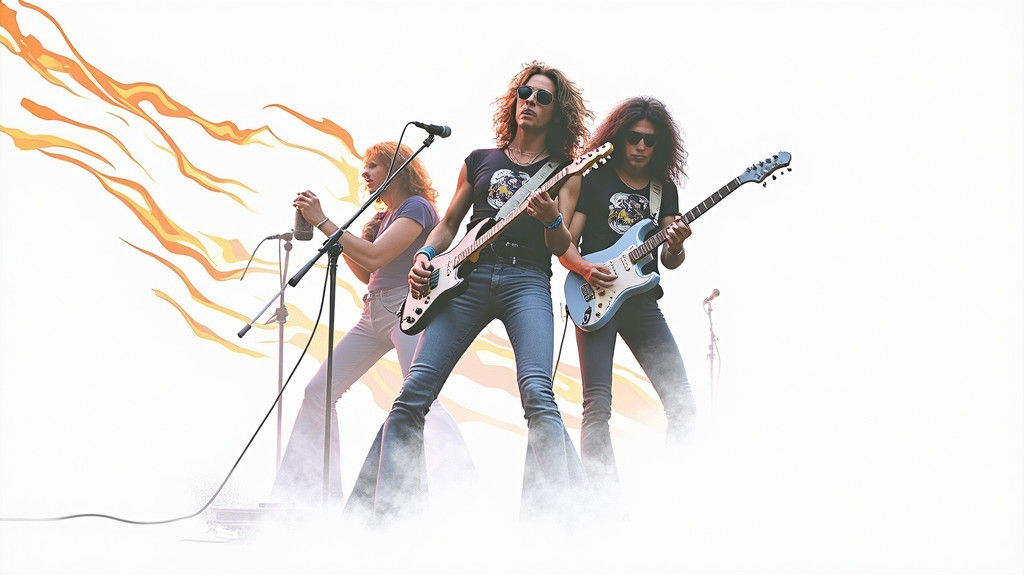 1970s Rock Band on Stage in Flames