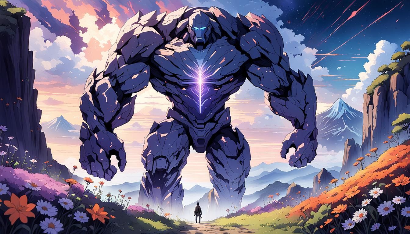 Anime Rocky Titan in Twilight Landscape
