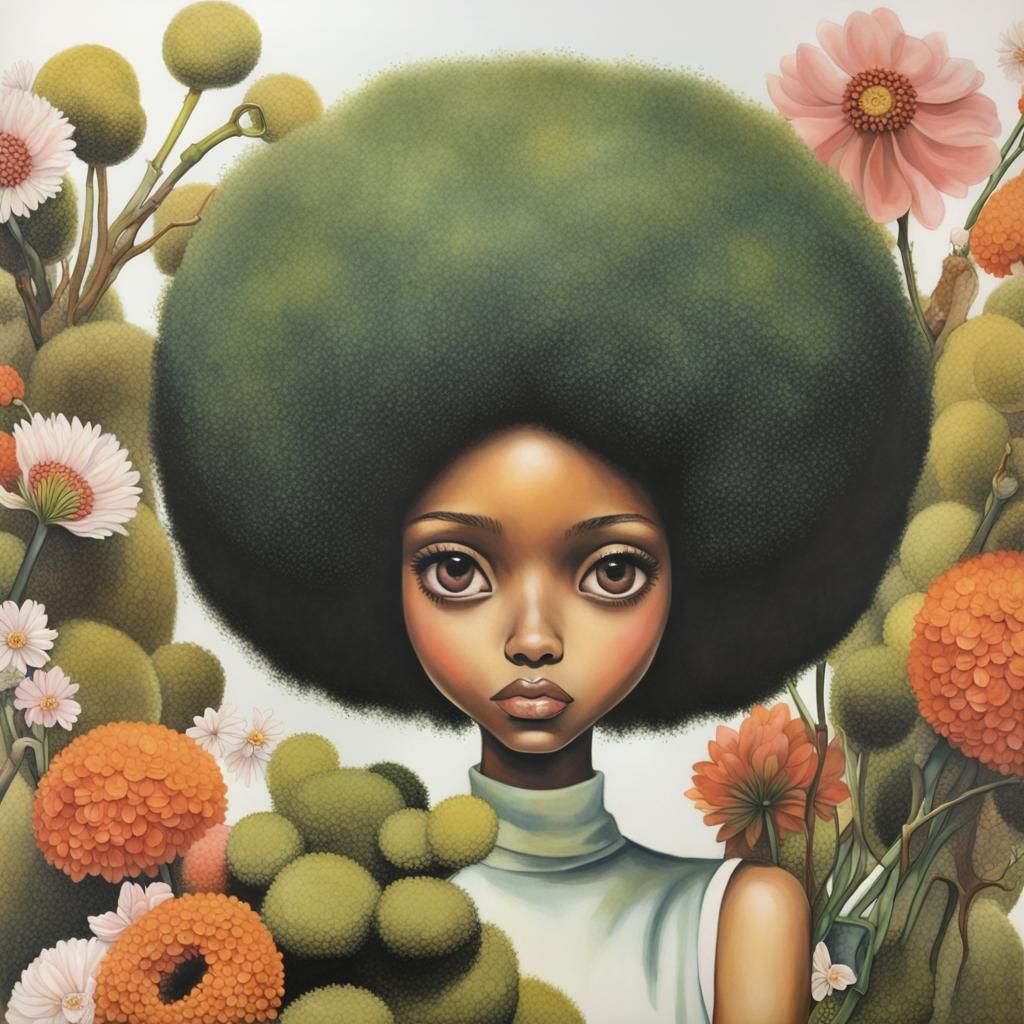 Moss Afro and Flowers in Keane Style