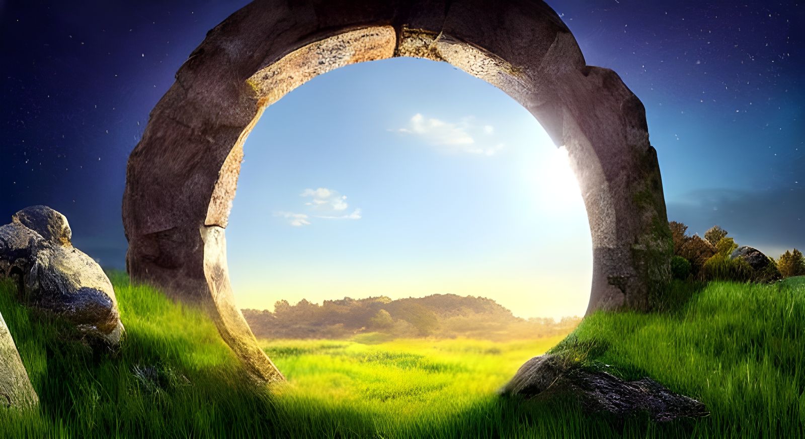 Sunrise Landscape with Starry Portal: Digital Matte Painting