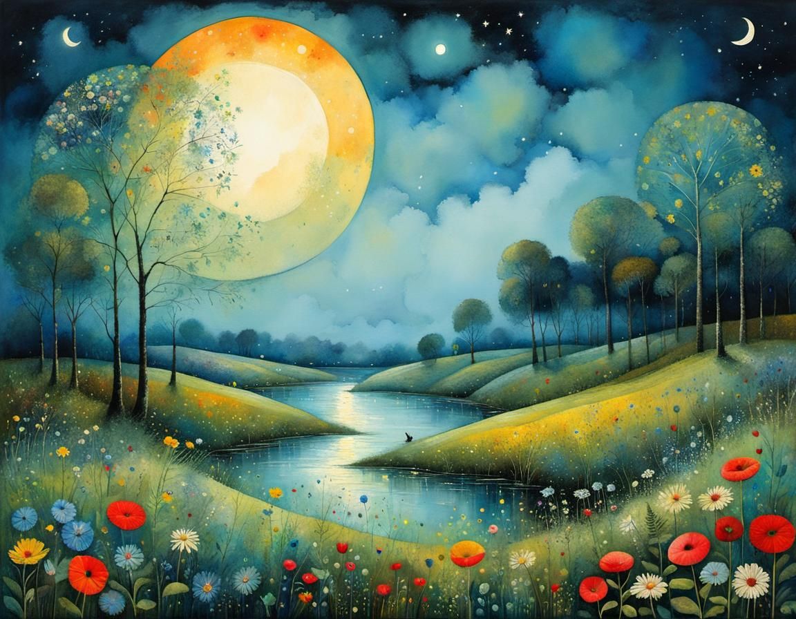 Moonlit First Kiss in Whimsical Patchwork Illustration