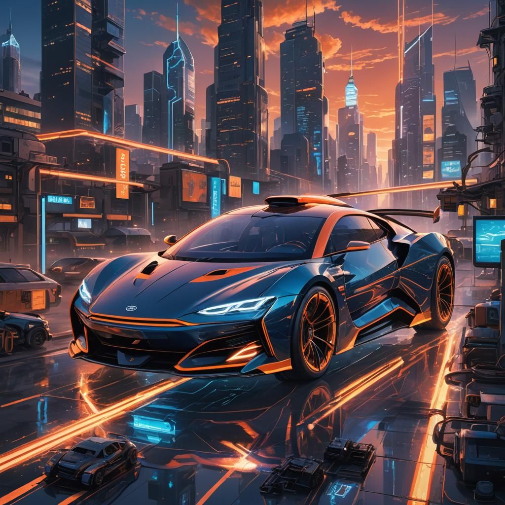 Futuristic Car Hovering Over Neon Cityscape