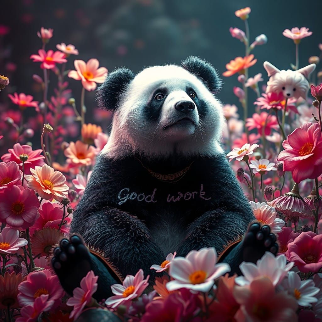 Mystical Panda With 'Good Work' Inscribed in Surreal Floral ...