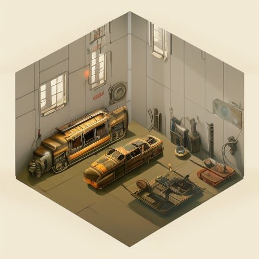Cozy Dieselpunk Living Room in Isometric View