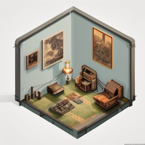 Cozy Dieselpunk Living Room in Isometric View