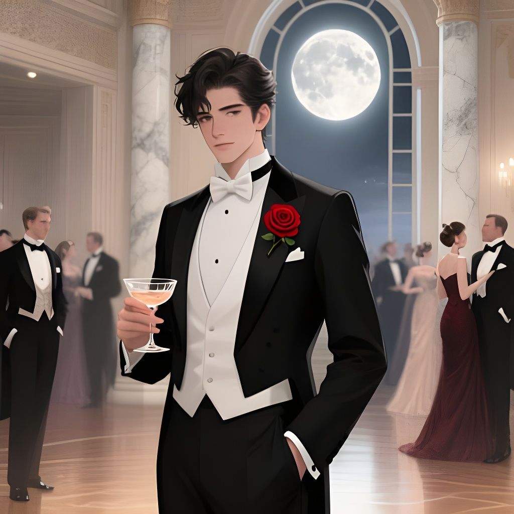 Elegant Man in Tuxedo with Rose in Opulent Ballroom