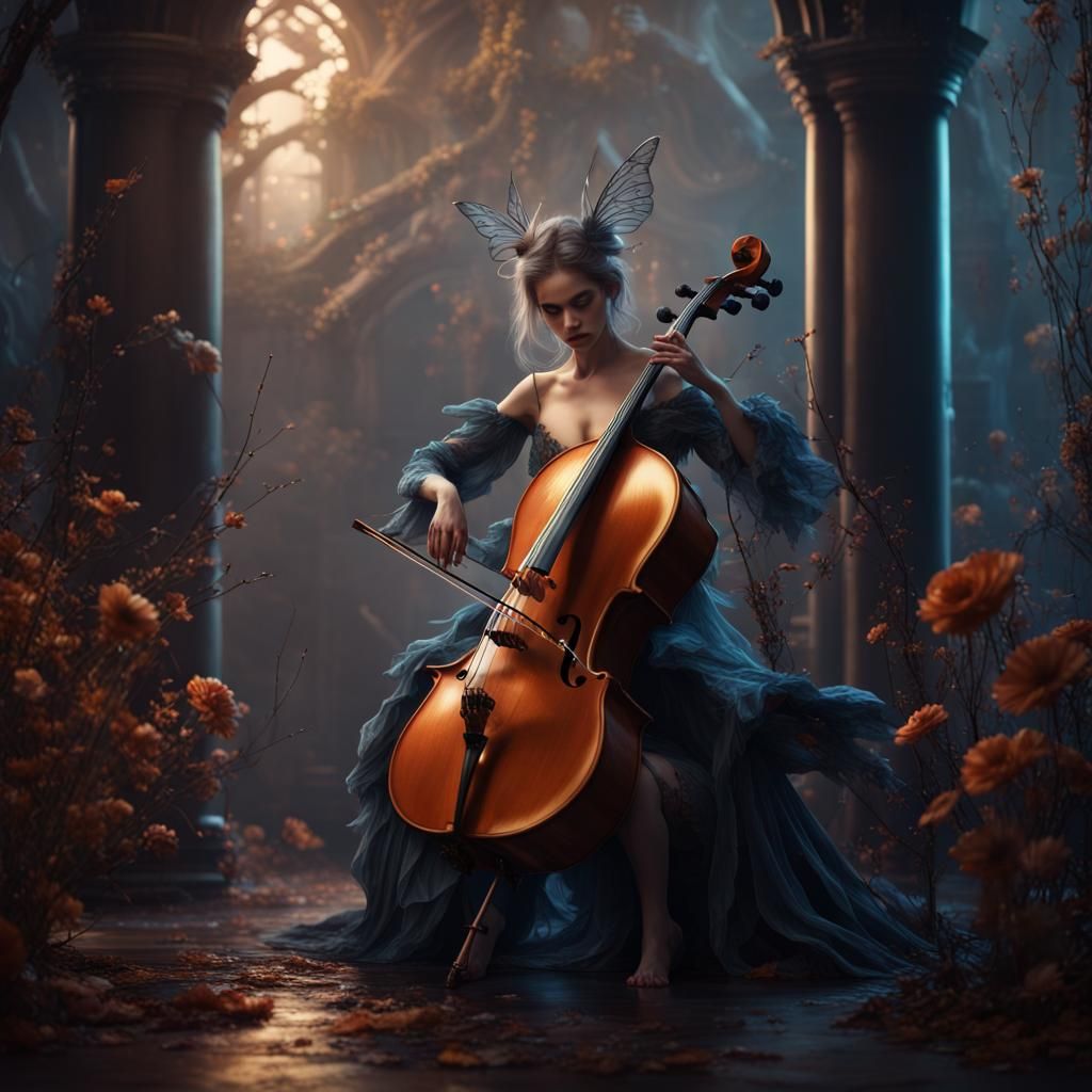 Dark Fairy Playing Cello in Fantasy Art