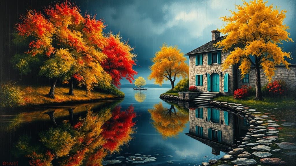 Rainy Day Impressionist Stone House by the Sea