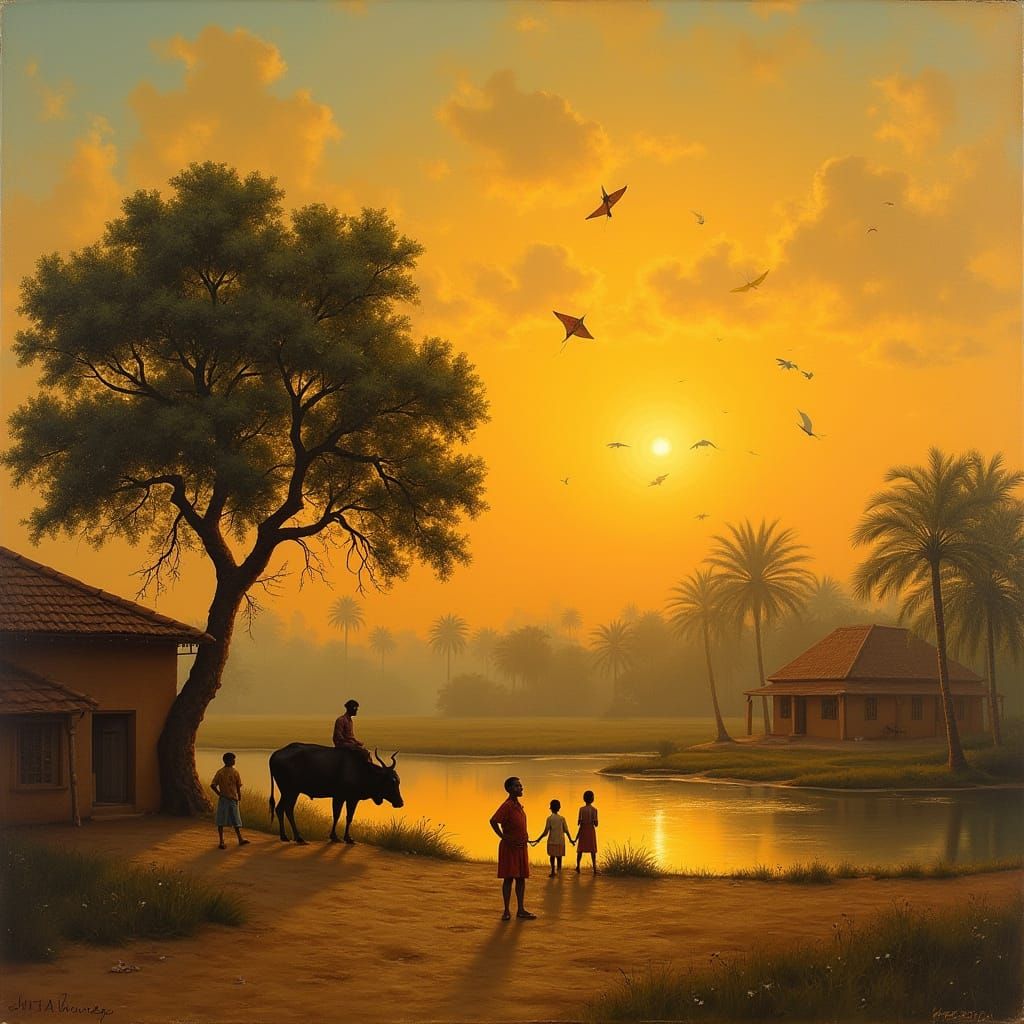 Indian Village at Dusk: A Classical Art Impression