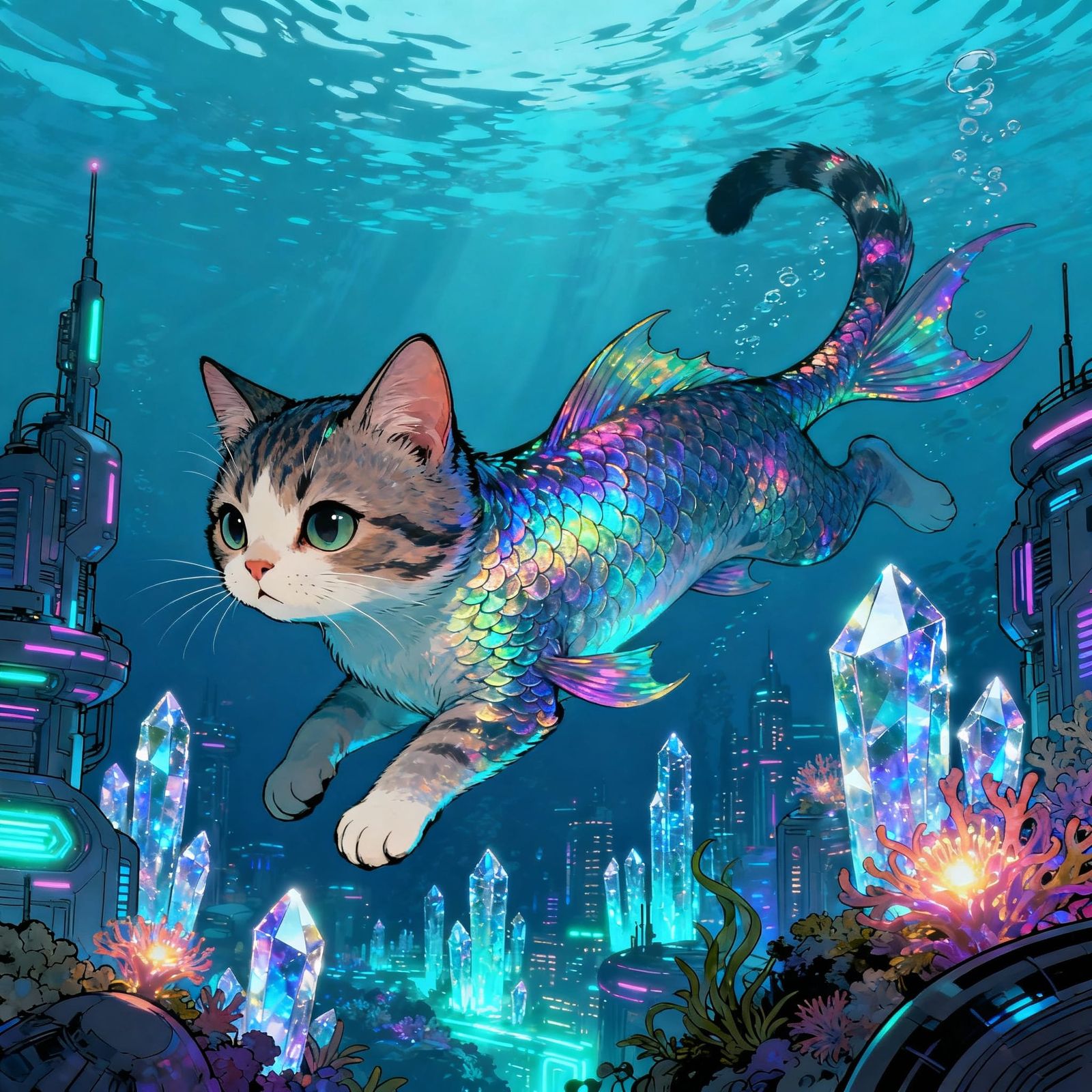 Seakitten Sci Fi Illustration in Victo Ngaii Style