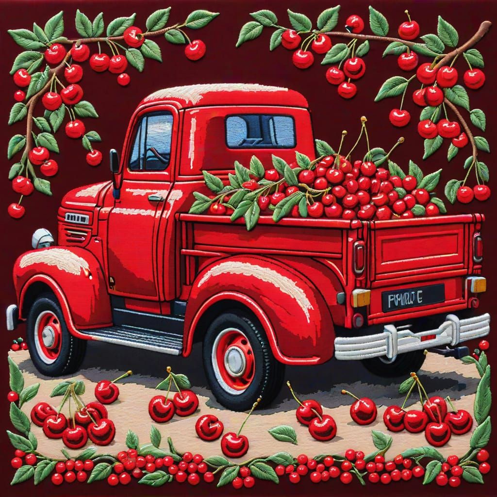 Embroidered Red Truck Surrounded by Cherries