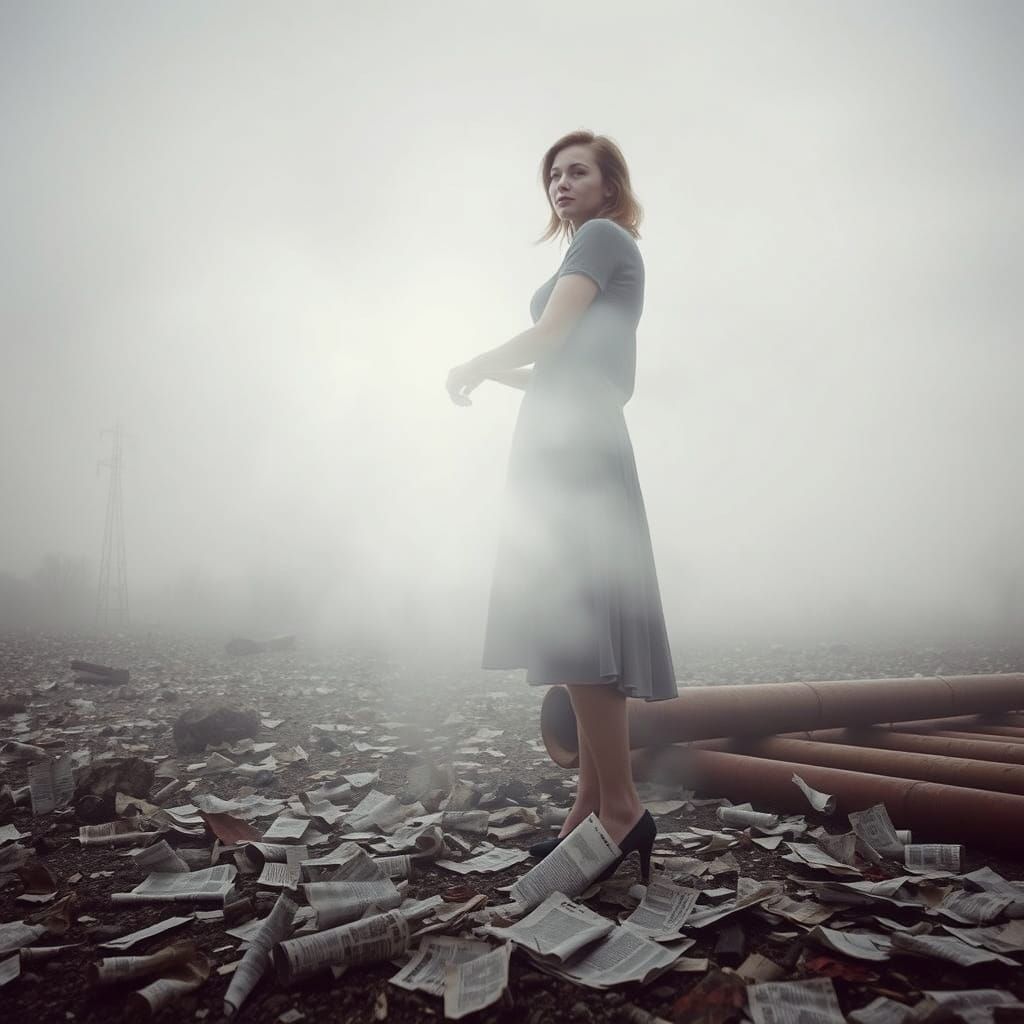 Dadaist Woman in Desolate, Fog-Shrouded Landscape