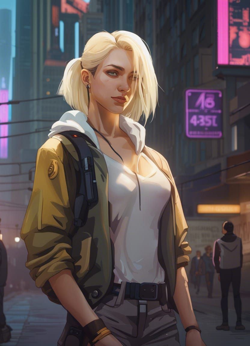 Cyberpunk Girl Walking in Neon Cityscape
