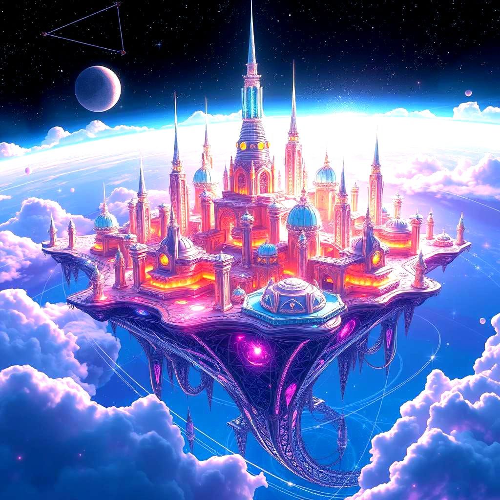 Futuristic City on Floating Islands in Space