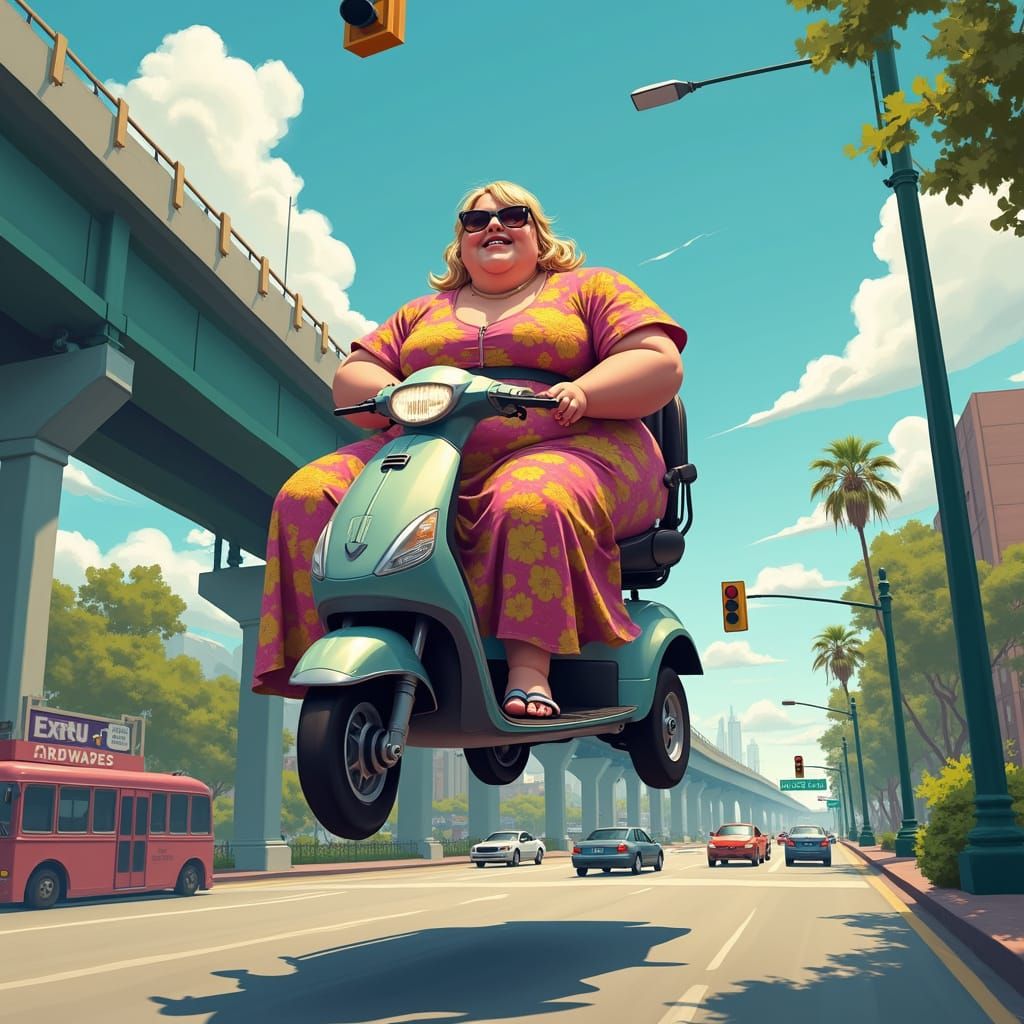 Obese Woman's Freeway Scooter Stunt
