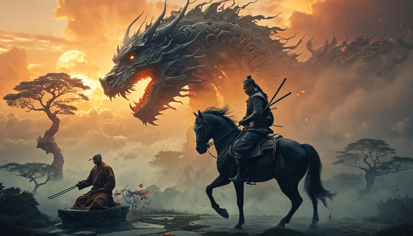Surreal Samurai and Zen Monk in Dreamlike Mandala