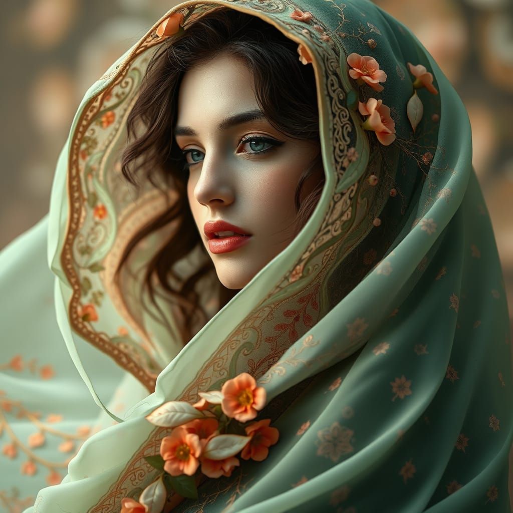 Dreamy Woman in Verdant Cloak with Intricate Patterns