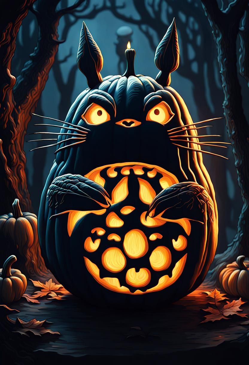 Intricately Carved Totoro Pumpkin in Studio Ghibli Style