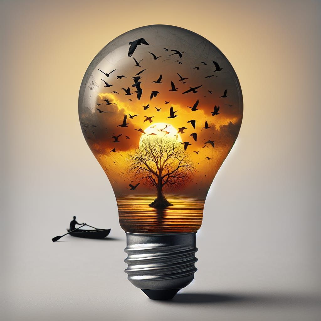 Sunset Scene Inside Lightbulb Illustration