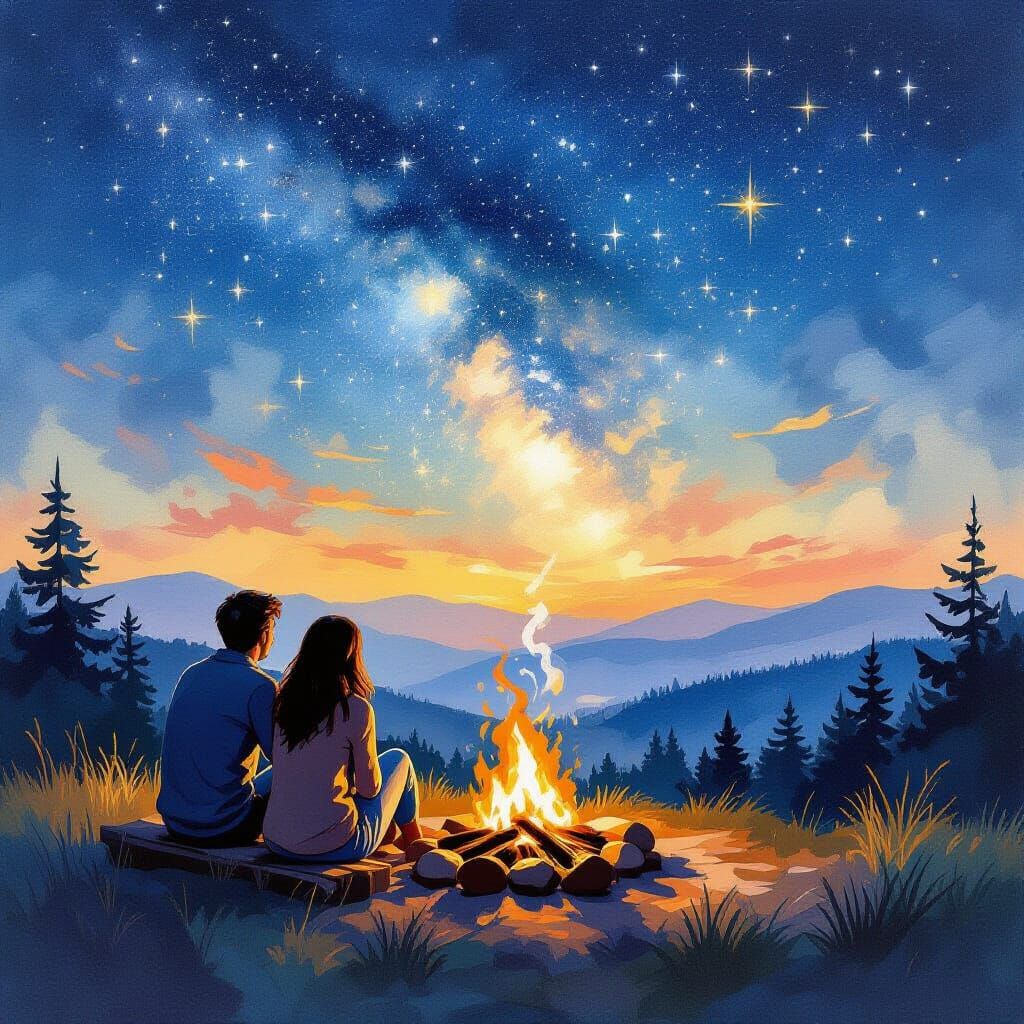 Couple Stargazing by Bonfire: Gouache Watercolor Painting