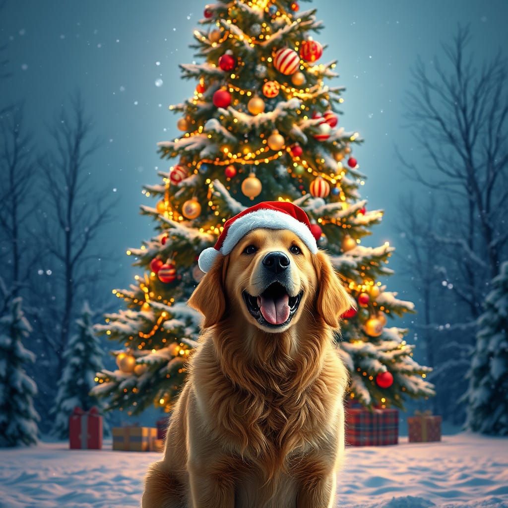 Surreal Winter Wonderland with Golden Retriever and Majestic...