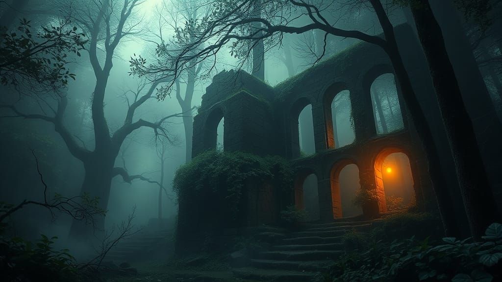Enchanted Forest Clearing with Glowing Fog and Ancient Ruins